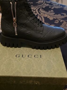 Gucci Black Textured Leather Lug-Zip Ankle Boot. No Tag.
